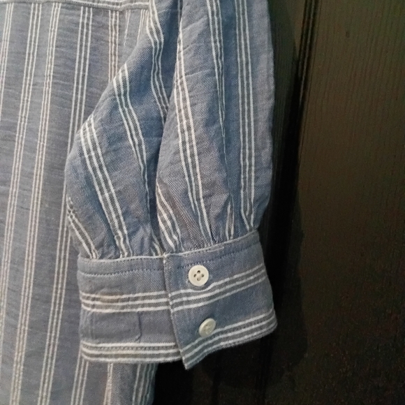 Veronica Beard Light Blue Vertical Striped Short Sleeve Button Down Shirt - Picture 13 of 14